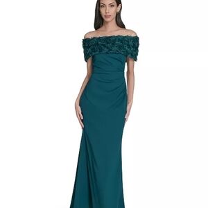 Eliza J Off-Shoulder Teal Maxi Gown with Floral Trim